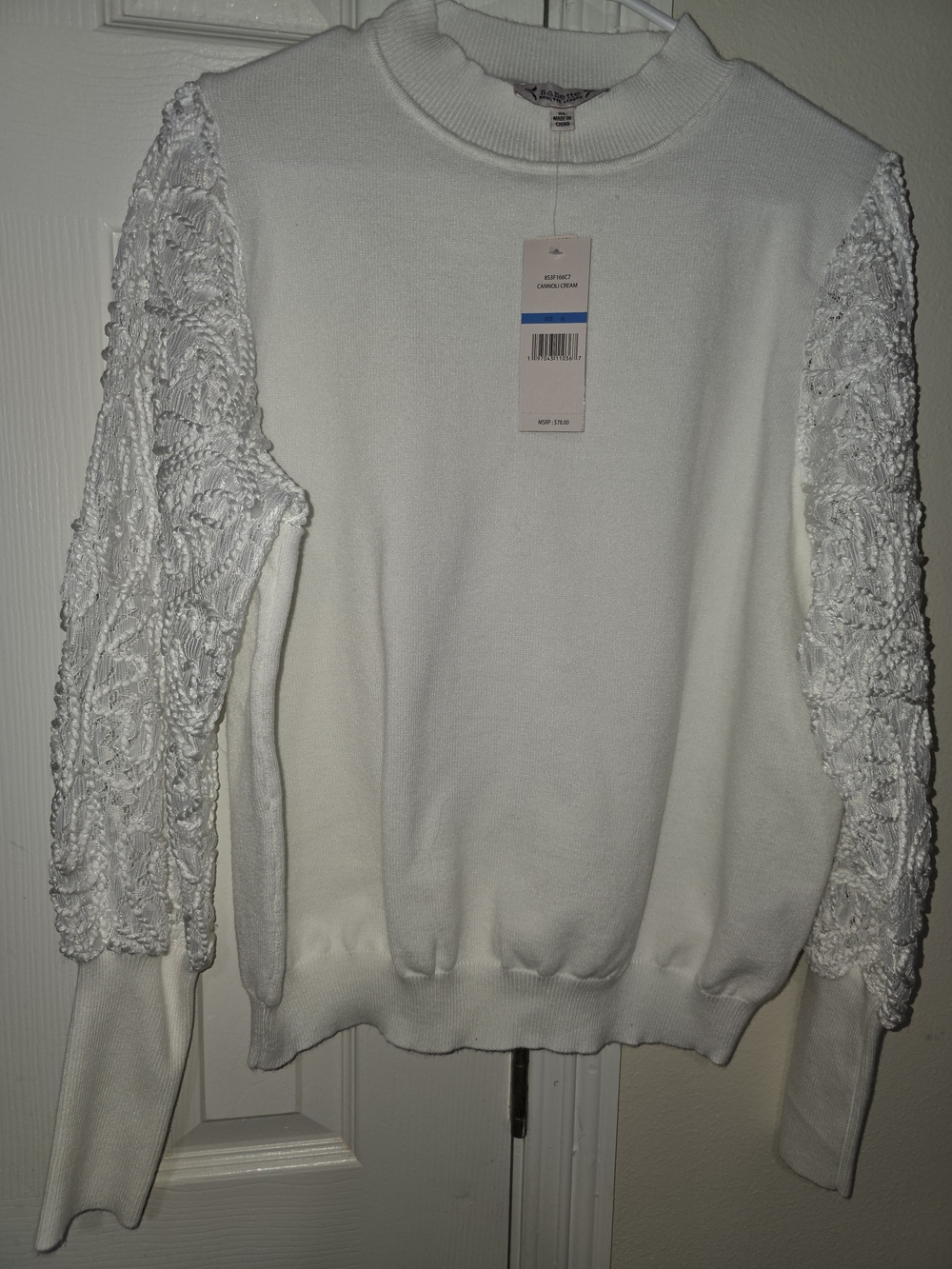 Nanette Lepore Cream Turtleneck Sweater with Lace-Texture Sleeves